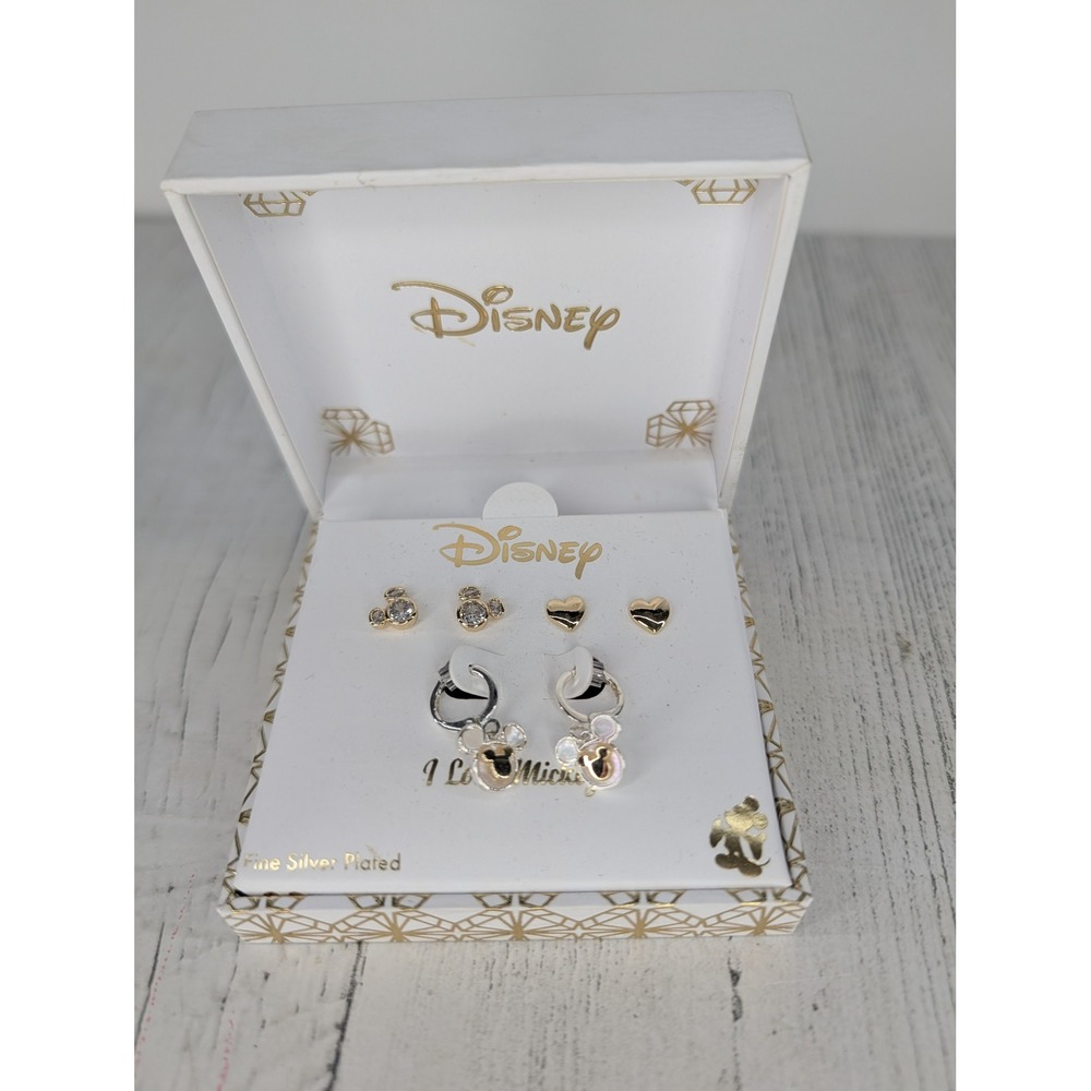 Disney Mickey Mouse Earring Set 3 Pairs Fine Silver Plated Hoops Studs Hearts